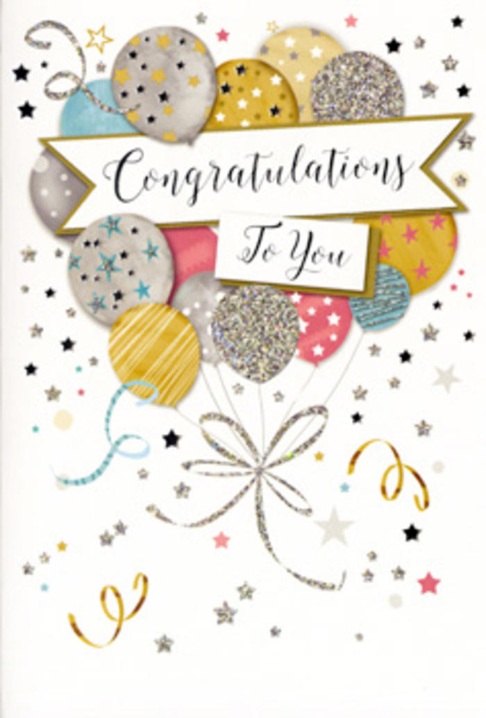 In this image, a congratulations card stands as a gentle celebration in its own right, the kind you might tuck beside a bouquet delivered to an office in South Wimbledon after a big achievement. The card's main focus is a joyful cluster of balloons, gathered at the centre in a loose, organic arrangement. They appear full and rounded, overlapping in a way that gives the illustration depth and softness. The colour palette is refined yet cheerful: warm metallic gold, cool silver, soft champagne, sky blue, pale blush pink, and smoky grey. Each balloon is decorated differently-some sprinkled with tiny stars, others brushed with sparkling glitter or lined with slim stripes-creating subtle variety, like different personalities within the same celebration. Thin ribbons drift down from each balloon in threads of gold and silver, curling at the ends and crossing over one another, reminiscent of the trailing ties on a hand-tied bouquet from a local South Wimbledon florist. Around the central group, delicate star shapes and curls of confetti float freely, suggesting the happy chaos of a surprise party at home near South Wimbledon station. A gracefully curved banner stretches across the balloons, holding the words Congratulations To You scripted in elegant, flowing letters that feel both classic and friendly. The background is soft and light, devoid of heavy patterns, so the eye rests naturally on the central design. At Flower Delivery South Wimbledon, we often pair cards like this with arrangements chosen to mark milestone birthdays, exam successes, or promotions across the local area. The overall mood is one of gentle glamour and heartfelt praise-a design that turns simple congratulations into a keepsake of a moment well worth remembering.