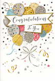 This illustrated congratulations card offers a scene of quiet festivity, as if it belongs on a windowsill in South Wimbledon beside a vase of fresh flowers and a just-opened envelope of good news. At its centre, a bouquet of balloons gathers and rises, their rounded shapes overlapping to form a soft, cloud-like cluster. The balloons glow in tones of metallic gold, silver, champagne, cool sky blue, blush pink, and subtle grey, creating a balanced palette that feels celebratory but not overpowering. Fine decorative details accent each balloon: delicate stripes, specks of glitter, and miniature stars that catch the eye the way fairy lights do along local streets in the evening. From each balloon, slim ribbons fall in graceful curls of gold and silver, gently intertwining and tapering off towards the bottom of the card. Around the central arrangement, scattered starbursts, bits of confetti, and swirling ribbon motifs add a sense of light movement, evoking the feeling of a room mid-celebration. Across the front of the balloons, a curved banner sweeps by, bearing the words Congratulations To You in flowing, script-style lettering that feels both warm and polished. The background is pale and uncluttered, providing calm space so the metallic tones and pastel shades can shine. As someone used to matching cards with bouquets from South Wimbledon up towards Colliers Wood, I can imagine this one chosen for everything from exam successes to new jobs or personal achievements. The overall impression is of sincere, joyful recognition-a card that visually says, You did wonderfully, with the same tenderness and pride that flowers so often convey.