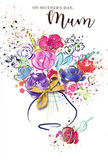 Mother's Day card design showcasing a vibrant, watercolour bouquet that seems to dance against a clear white background, echoing the cheerful atmosphere of South Wimbledon on a bright spring morning. The flowers bloom in rich shades of purple, playful pink, serene blue, and glowing red, with some petals clearly defined by fine indigo lines while others fade softly into loose washes of colour. Delicate gold accents trace along the petal edges and through the leaves, catching the light in the same way the sun glints off freshly delivered bouquets near Wimbledon Park and along Haydons Road. The bouquet is gathered into a gently rounded vase at the base of the image, its form painted in translucent tones and finished with an elegant golden bow, evoking the soft rustle of ribbon as a florist ties the final knot before sending an arrangement out for delivery. Around the main cluster of blooms, scattered flecks of paint, floating dots, and small heart motifs create the impression of petals and confetti tossed in celebration, adding energy without overwhelming the central design. The white background provides a sense of space and calm, allowing the colours and metallic highlights to stand out clearly. Altogether, the illustration conveys warmth, joy, and heartfelt appreciation, like a bouquet captured at the perfect moment, ready to be given to a beloved mum in South Wimbledon as a tender expression of thanks on Mother's Day.